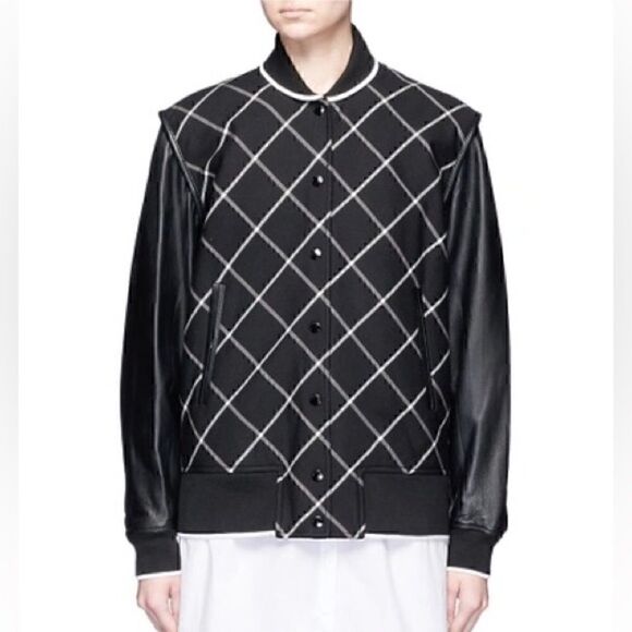 RAG & BONE 'Edith' Windowpane Check Leather Sleeve Bomber Jacket
